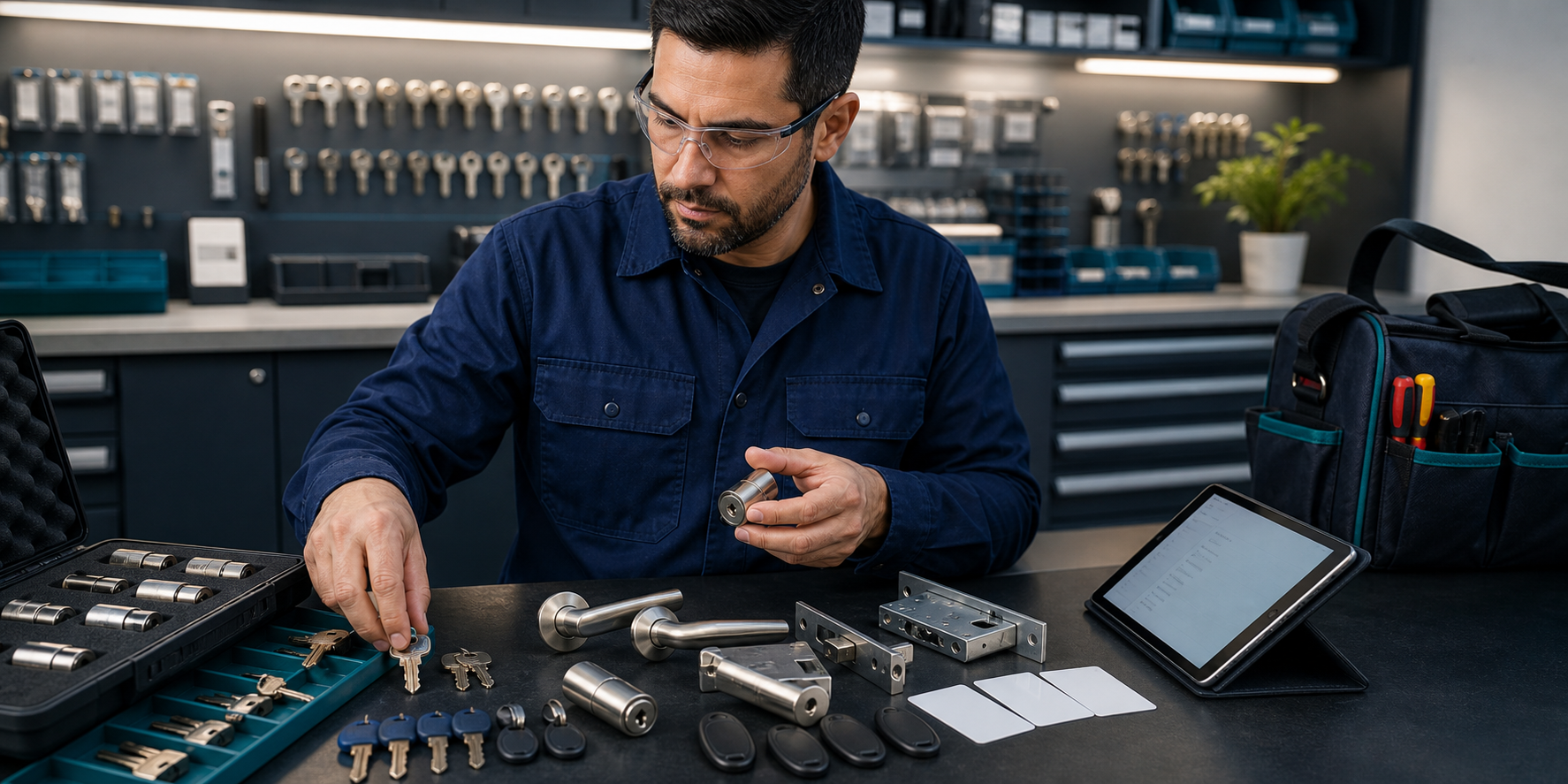 Locksmith preparing lock and door hardware